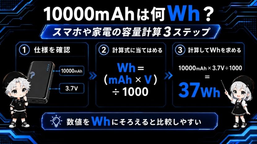10000mAhは何Wh?スマホや家電の容量計算3ステップ