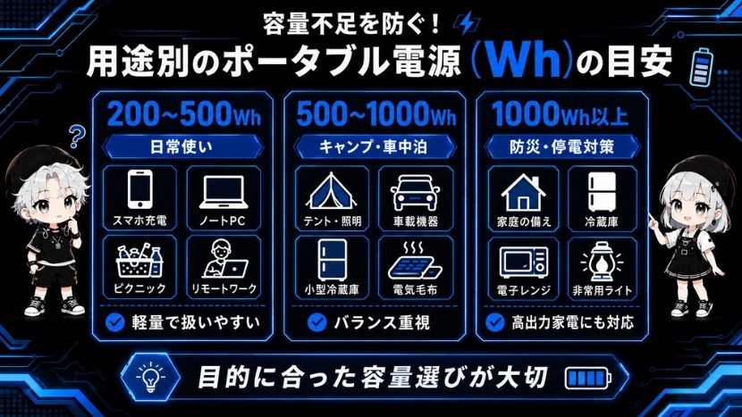 容量不足を防ぐ!用途別のポータブル電源(Wh)の目安