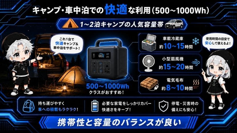 キャンプ・車中泊での快適な利用(500〜1000Wh)